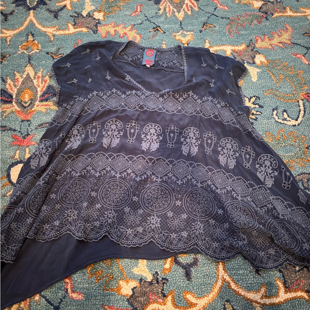 Johnny Was Flowy Tunic Navy Embroidered Top